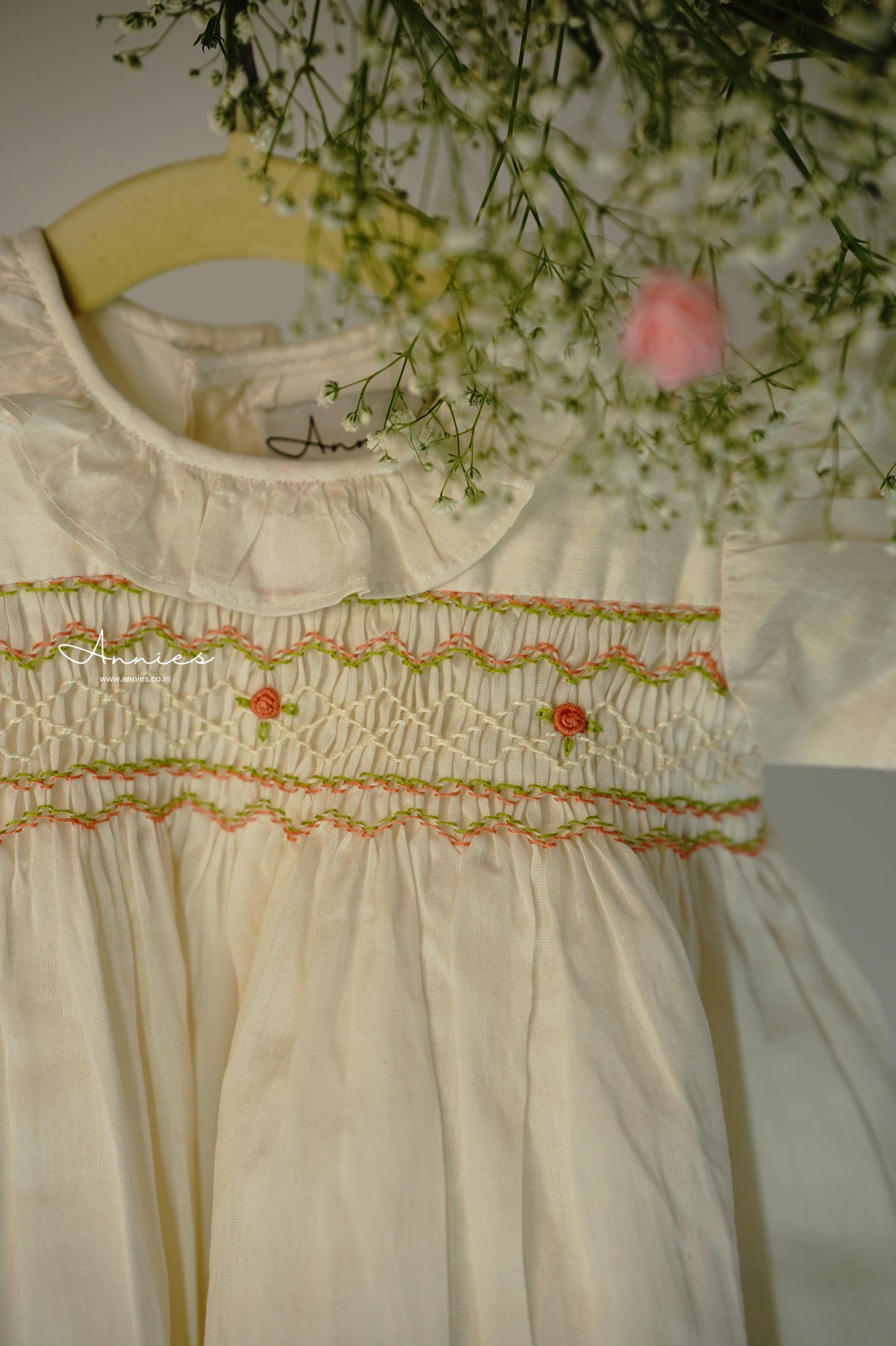 Handsmocked Offwhite Dress Color embroidery