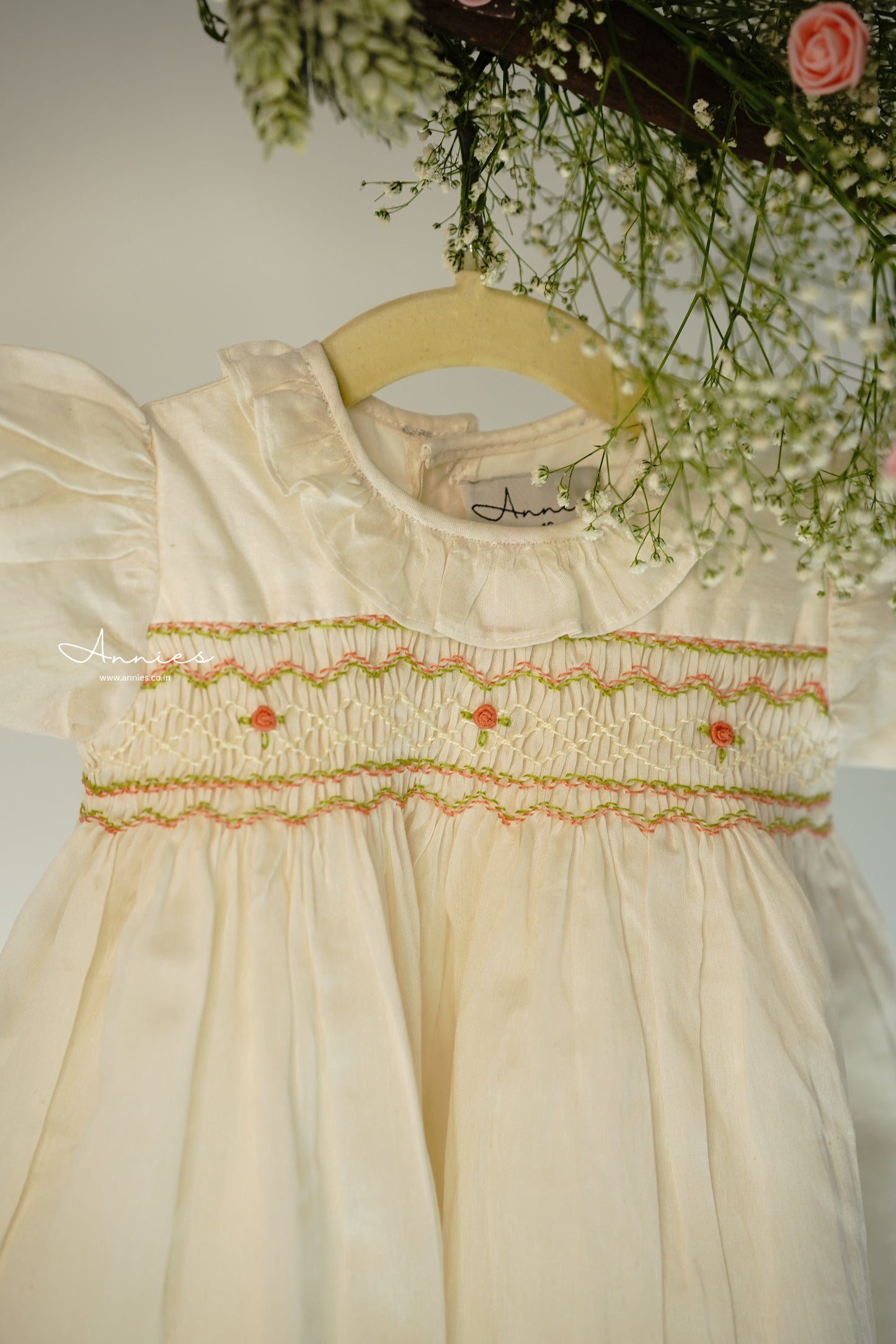 Handsmocked Offwhite Dress Color embroidery