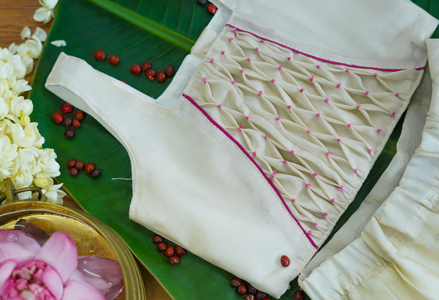 Floral Tissue Embroidered Skirt and Smocked Blouse