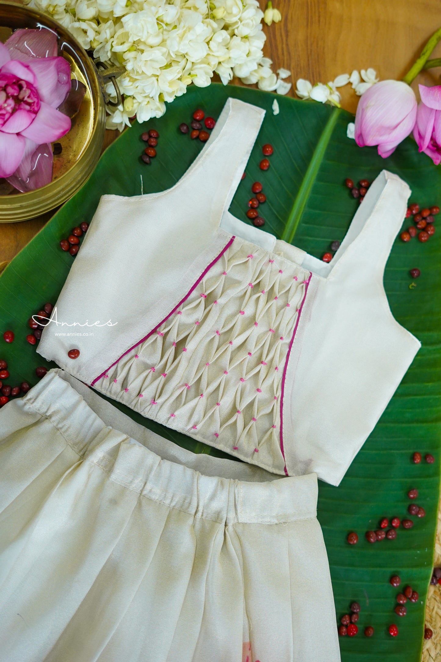 Floral Tissue Embroidered Skirt and Smocked Blouse