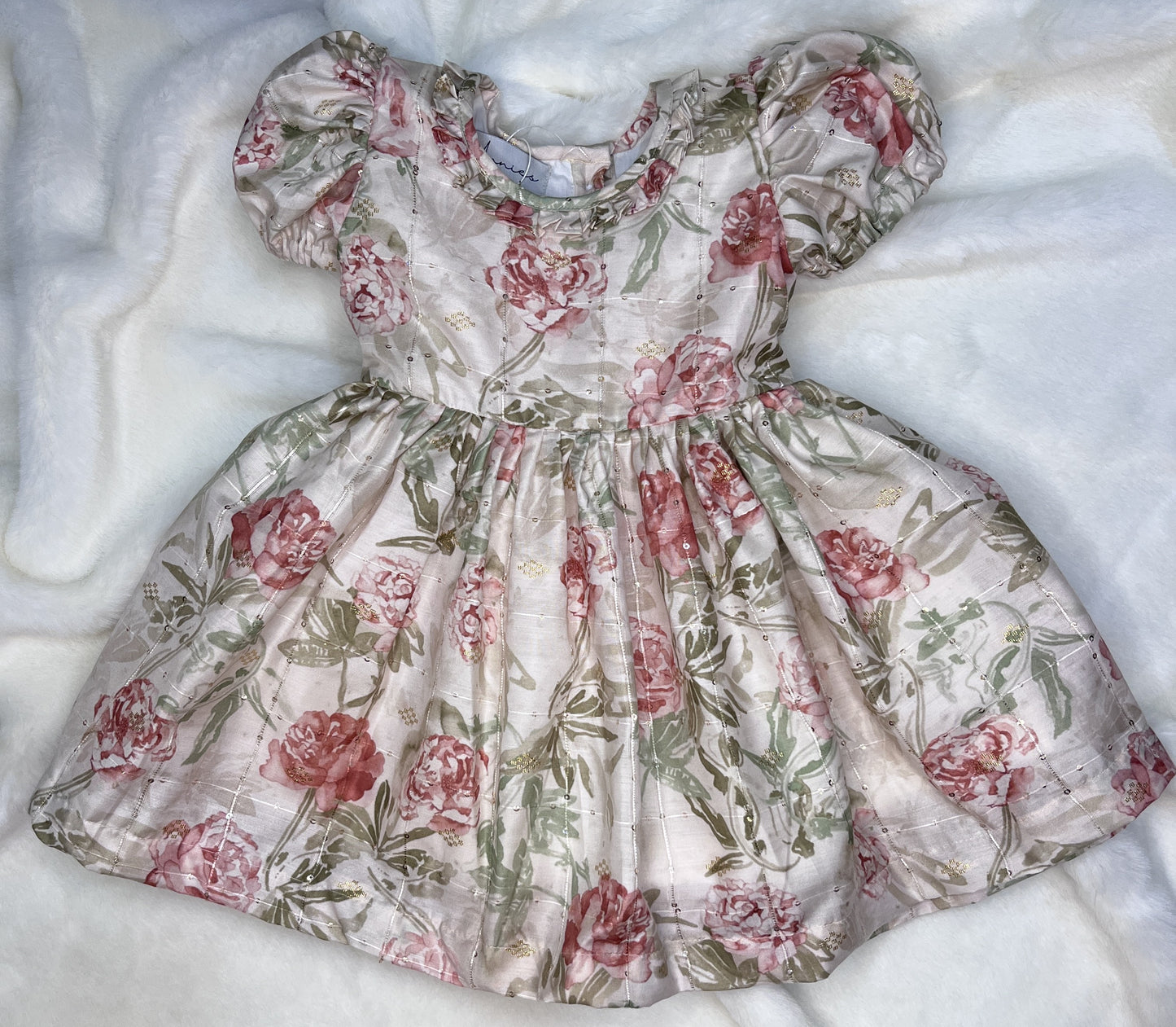 Girls Floral_Chanderi_flared_dress_top view by annies.co.in