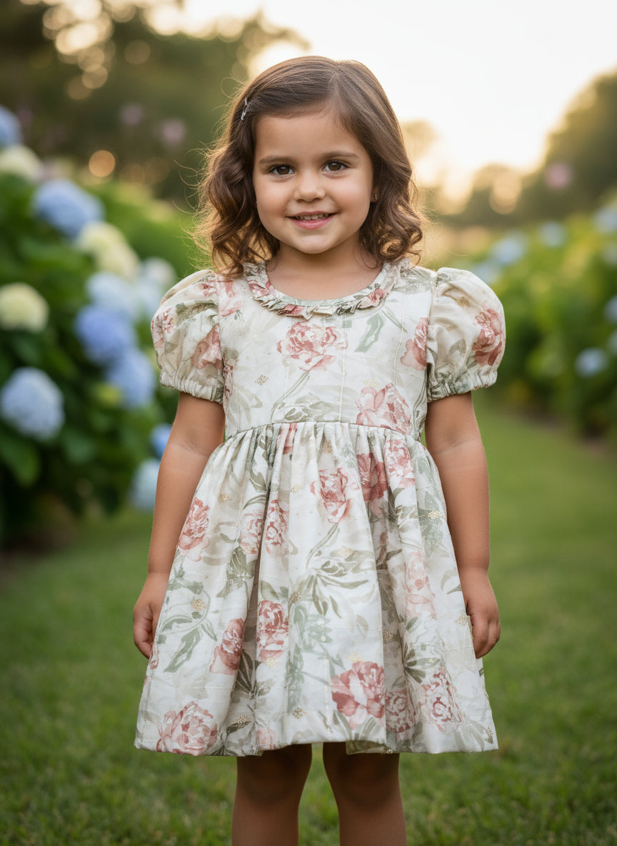 Girls Floral_Chanderi_flared_dress_front viewby annies.co.in