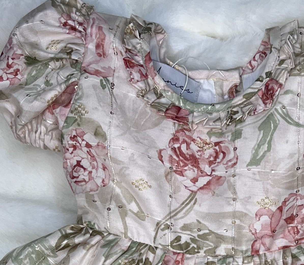 Girls Floral_Chanderi_flared_dress_close up view by annies.co.in