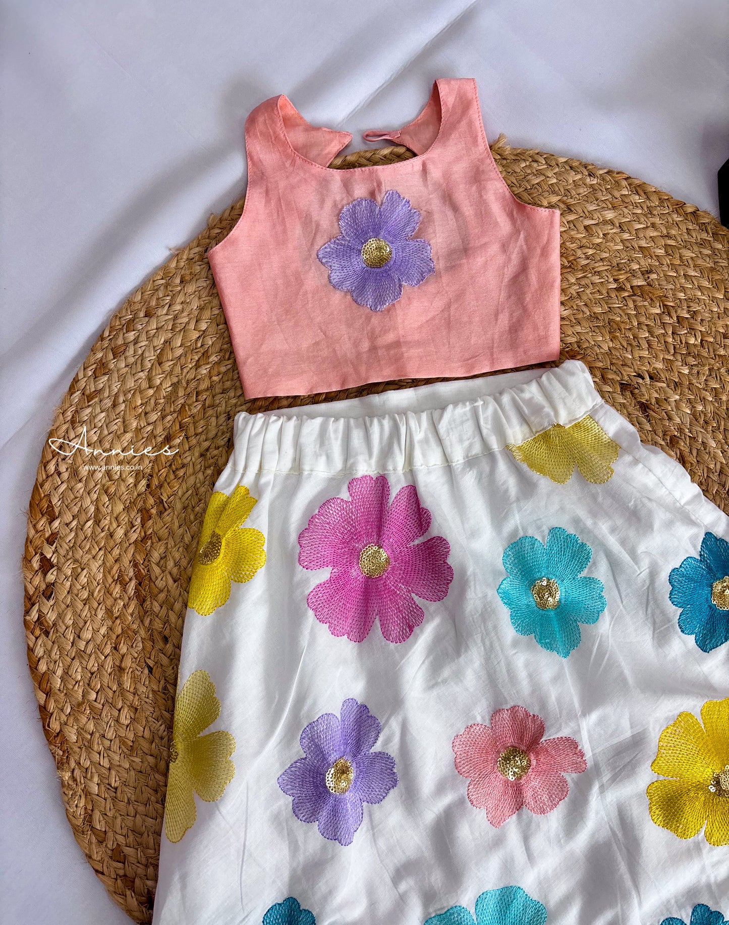 Peach Lace back Top with Floral Embroidered Skirt for girls by annies.co.in