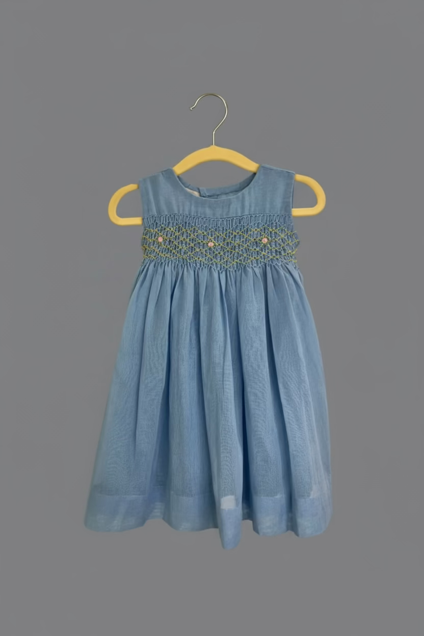 Front view of Hand Smocked_Dress_blue by annies.co.in for girls