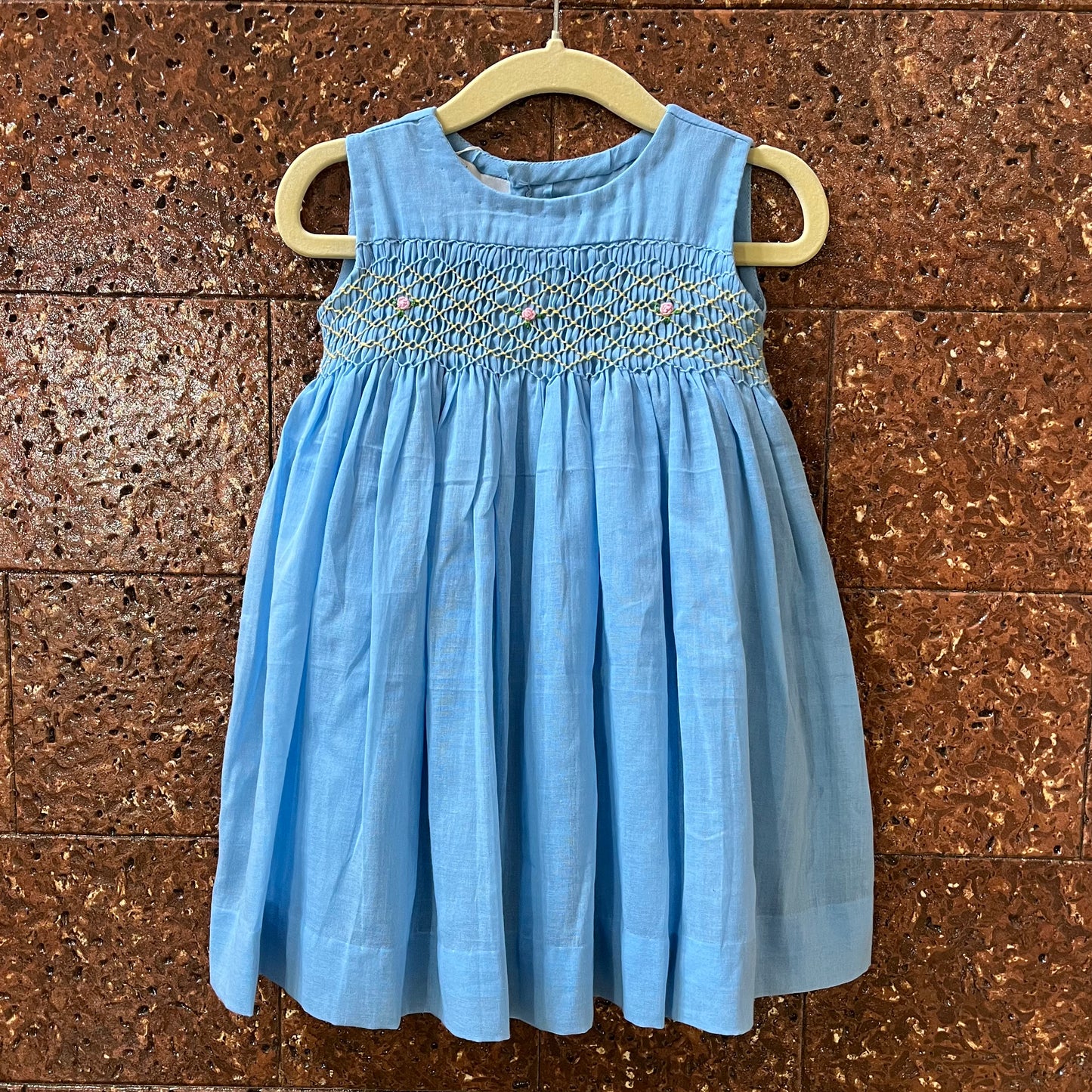 Second Front view of Hand Smocked_Dress_blue by annies.co.in for girls