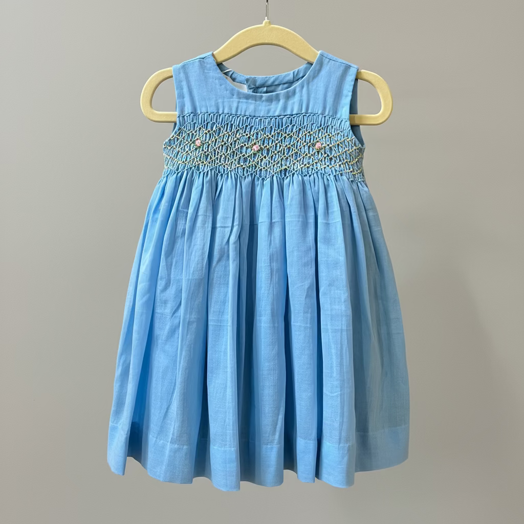 Second Front view of Hand Smocked_Dress_blue by annies.co.in for girls