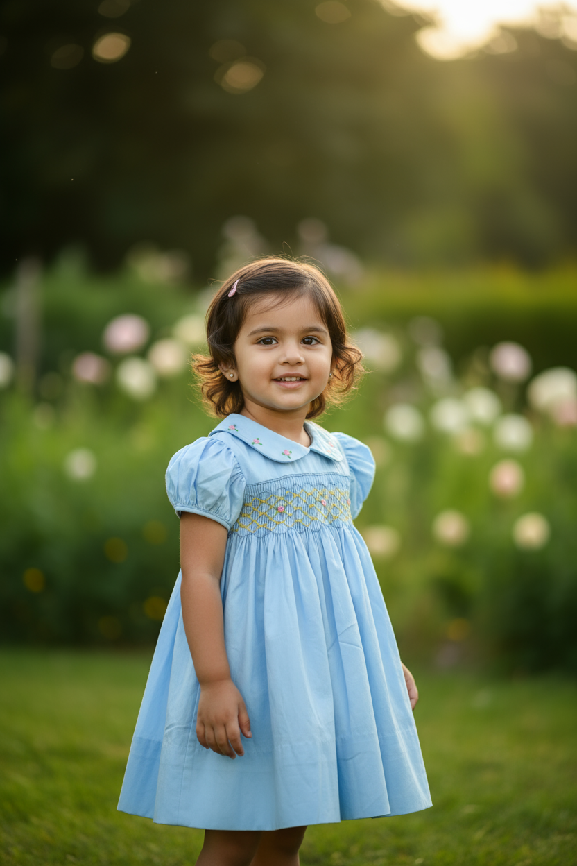 Young girl in a light blue dress standing in a garden with flowers and greenery.