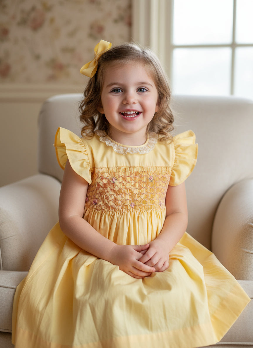 Hand_Smocked_Yellow_Dress_front View worn on mannequin by annies.co.in