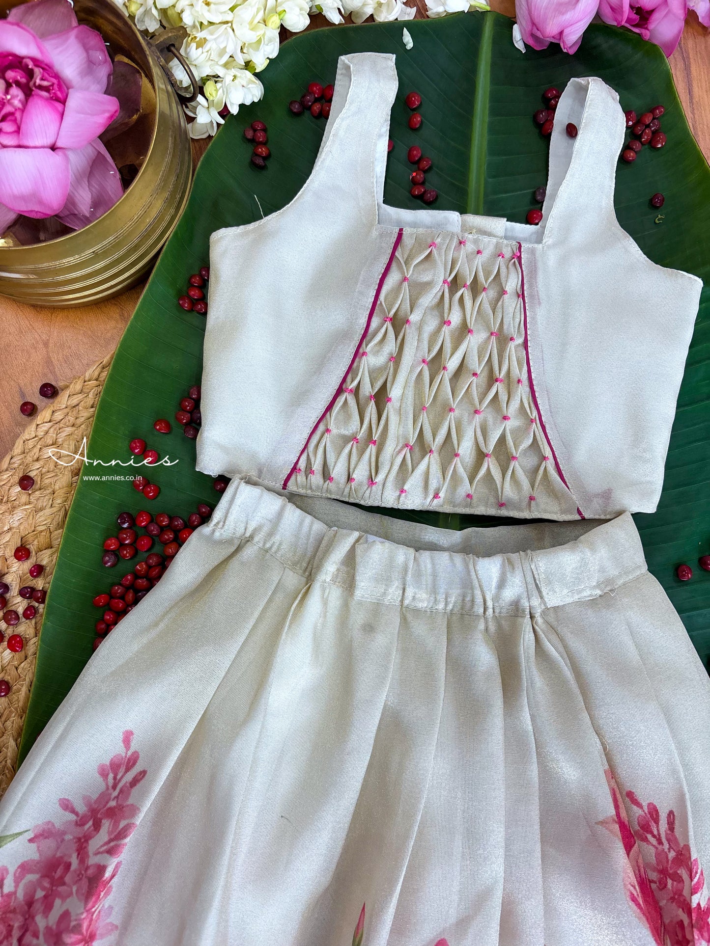 Floral Tissue Embroidered Skirt and Smocked Blouse