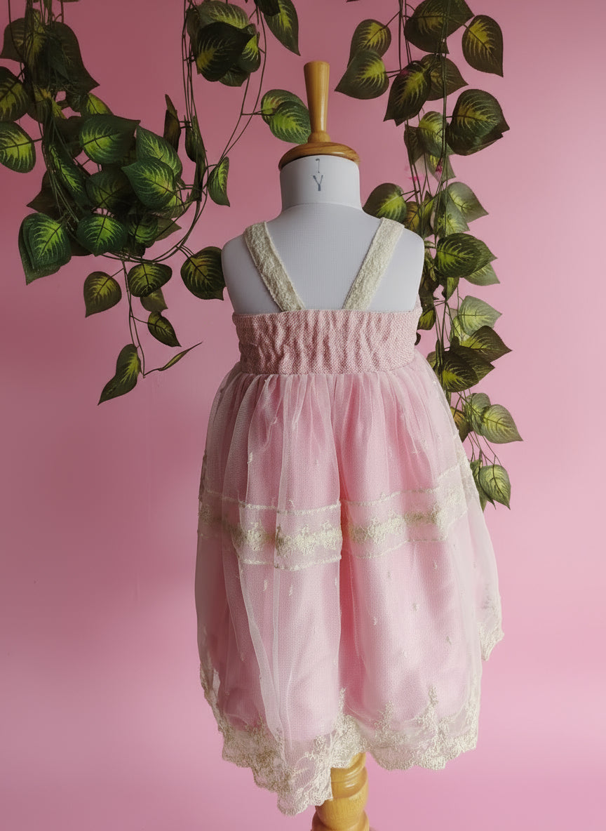 Pink lace dress on a mannequin with green leaves in the background