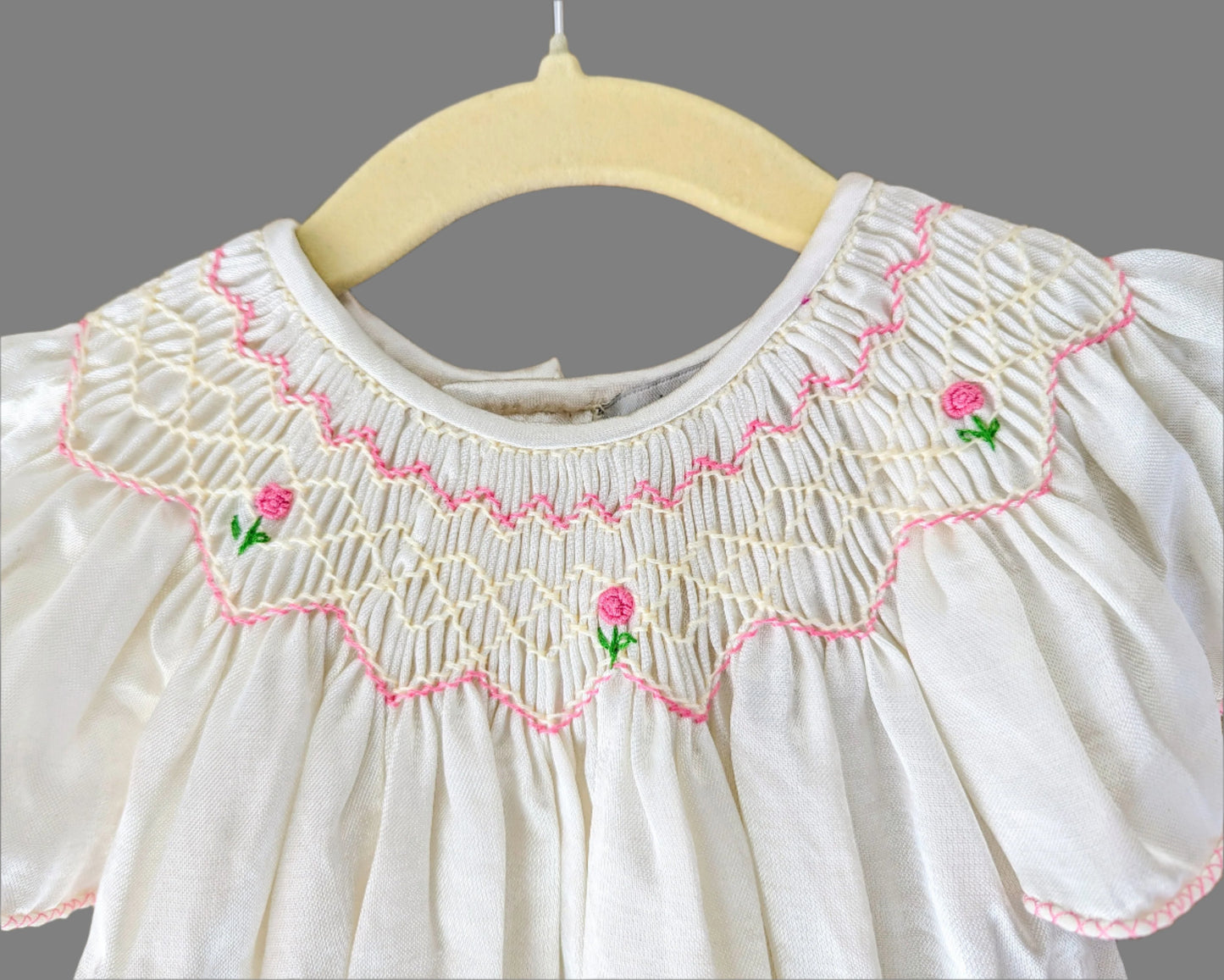 Front_Close Up of Snowy_Smocked_Bishop_Dress_for_Babies
