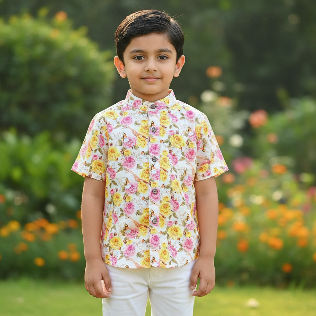 Young boy wearing a floral shirt standing in a garden with flowers and greenery.