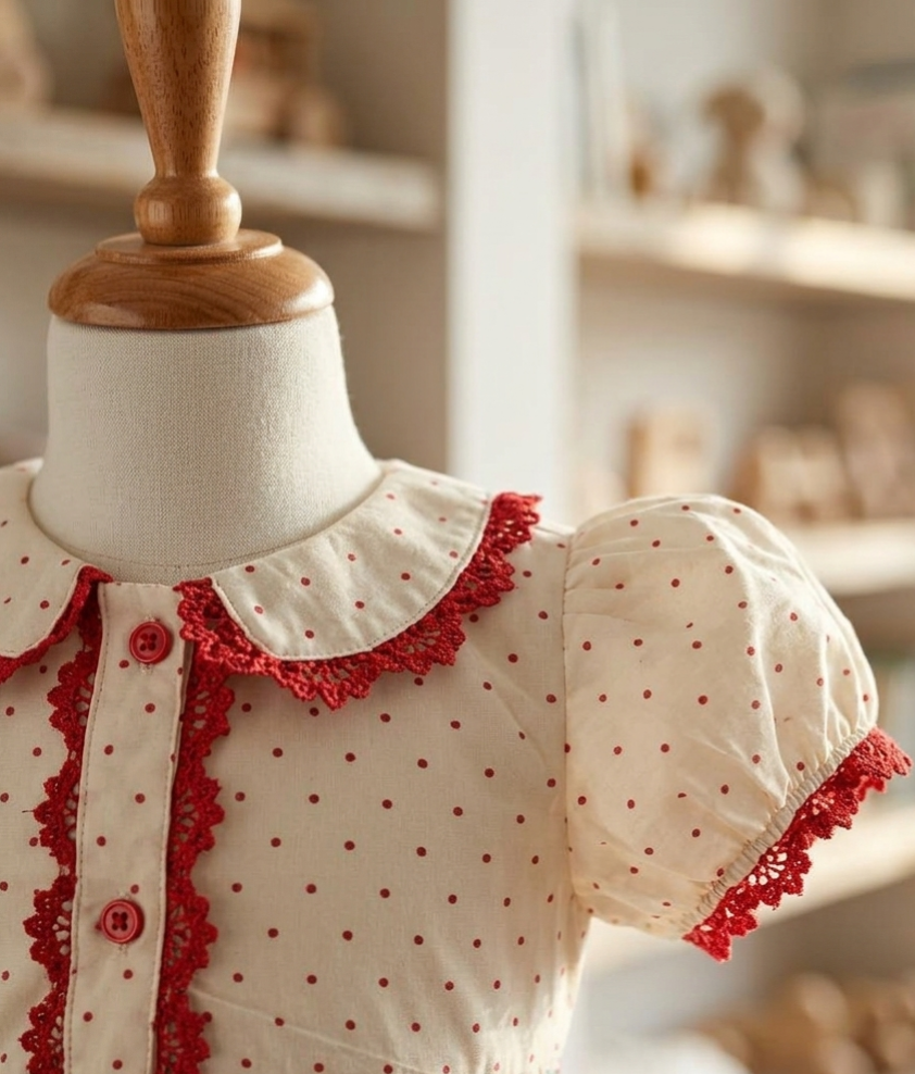 Mili in red polka dot with peter pan collar