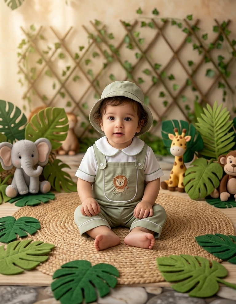 Simba lion embroidery olive green colour dungrees and prter pan collar top