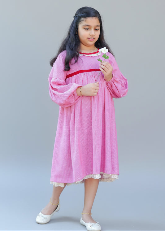 Girl wearing Amy Dress in Handwoven Red Petite Plaids by annies.co.in