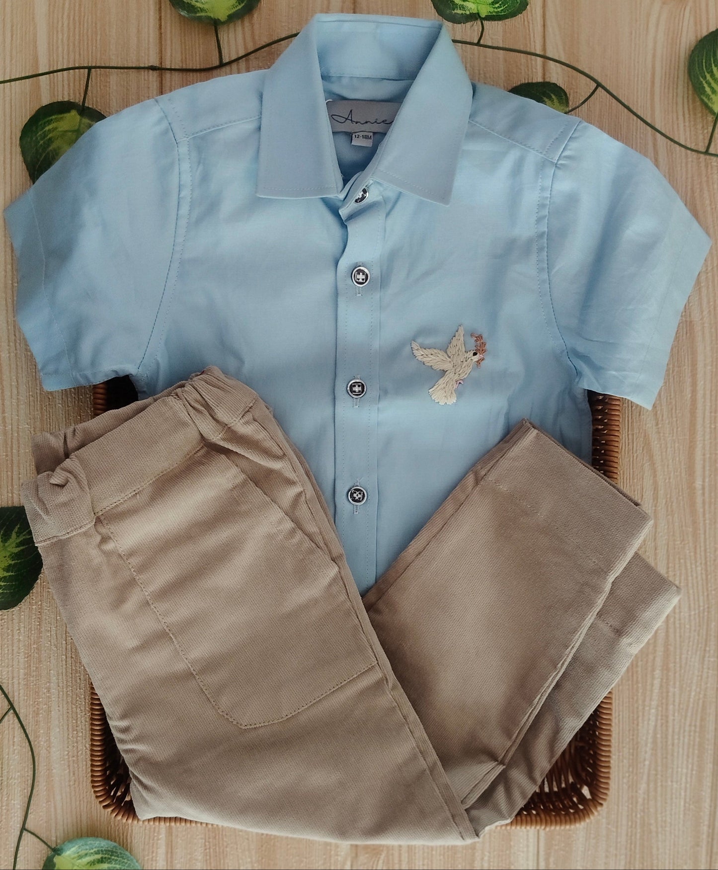 Light blue shirt with floral embroidery and beige pants on a wooden surface with green leaves.