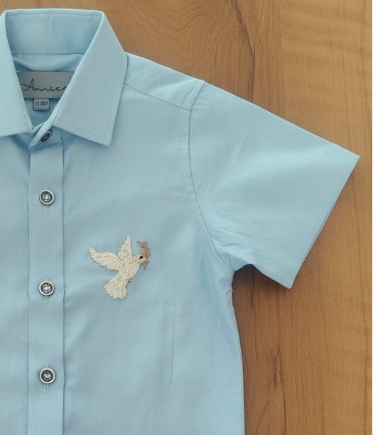 Light blue shirt with a bird embroidery on a wooden surface