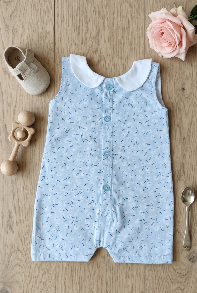 Baby romper with floral pattern on a wooden surface with toys and a rose.