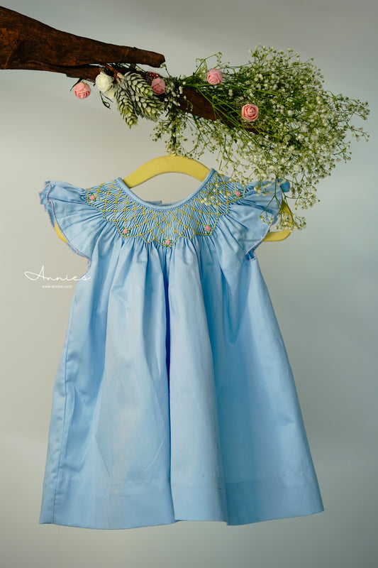 Handmade Blue Smocked Bishop Dress for Babies