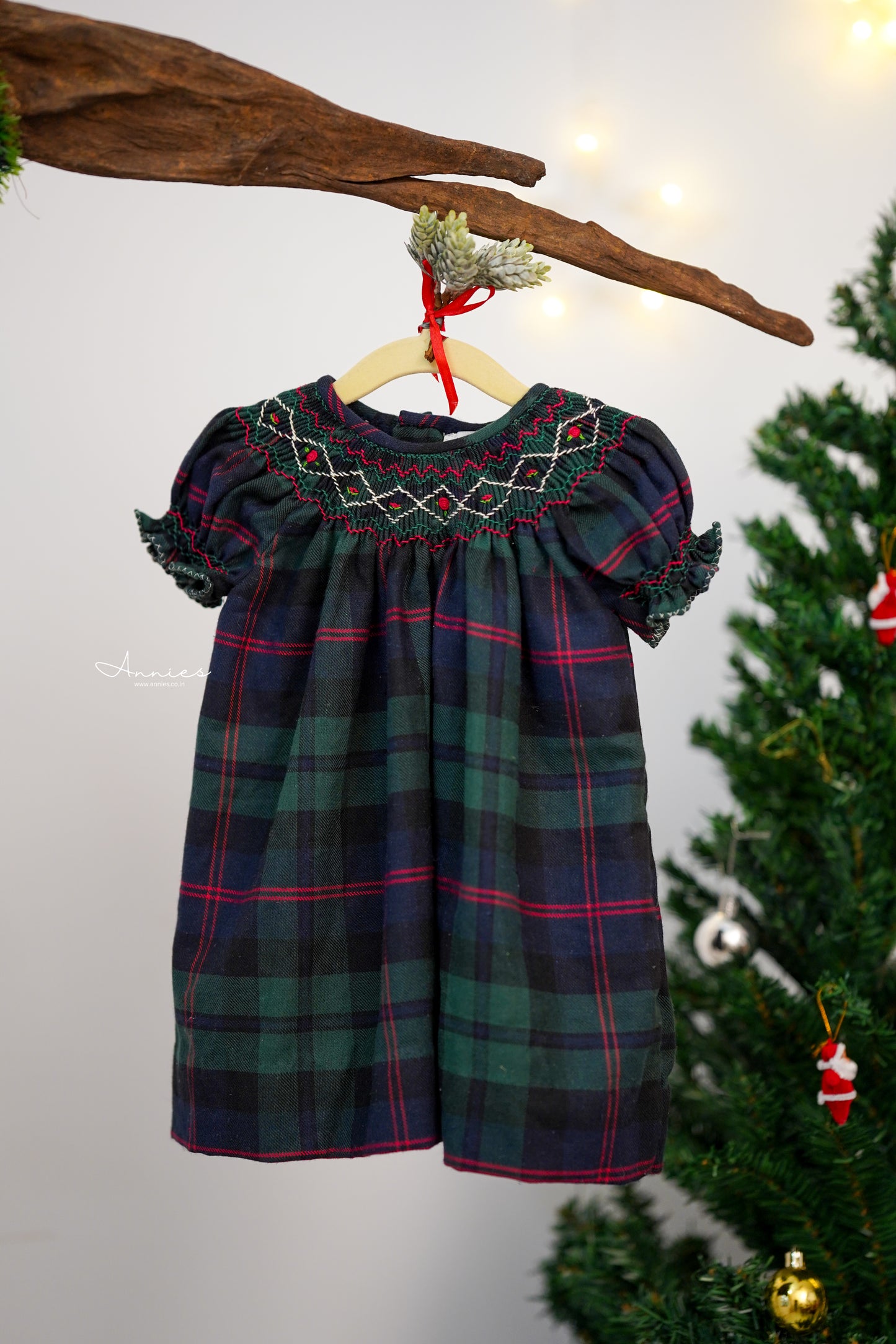 Handmade Green Tartan Smocked Bishop Dress for Babies