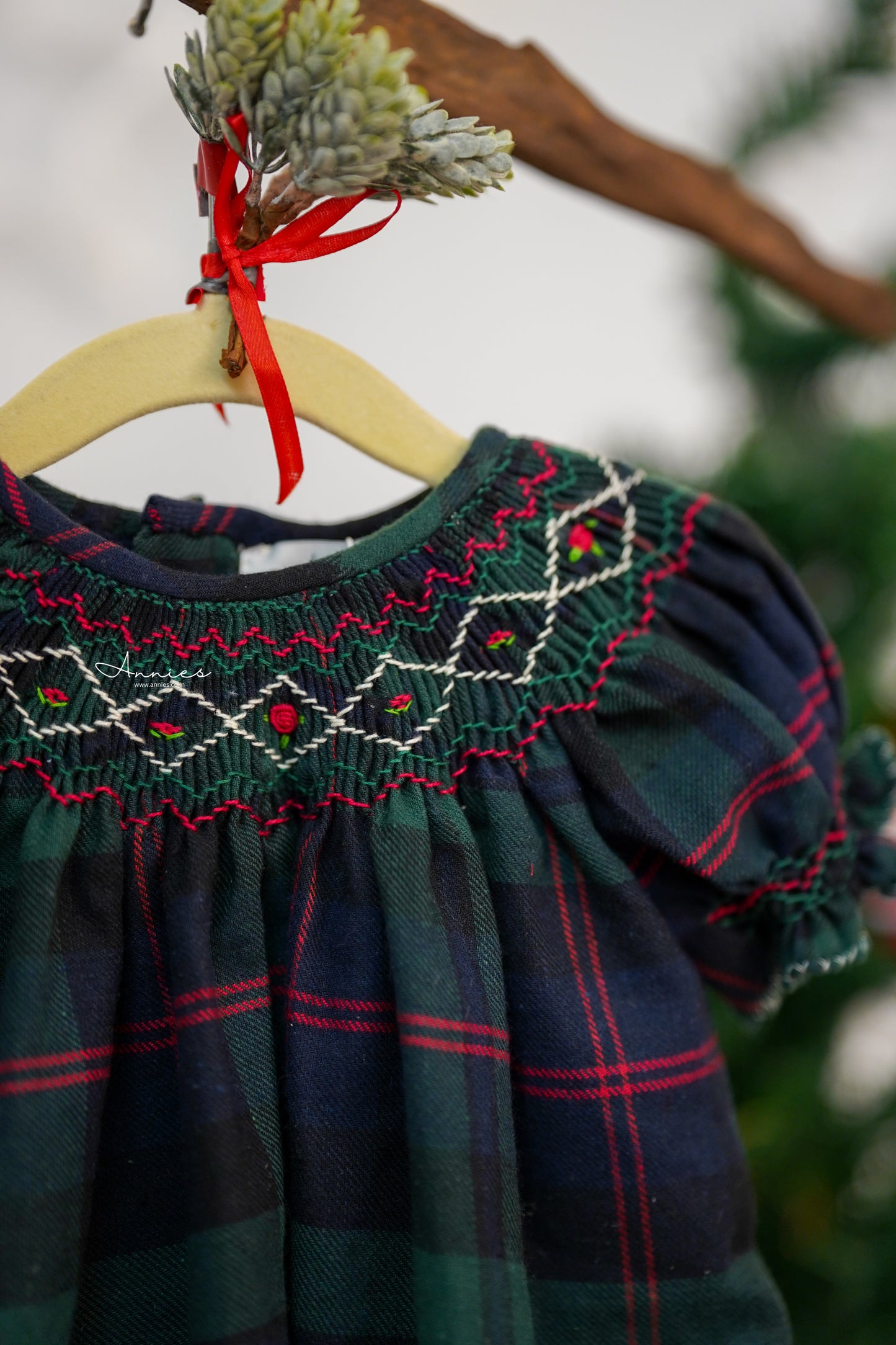 Handmade Green Tartan Smocked Bishop Dress for Babies