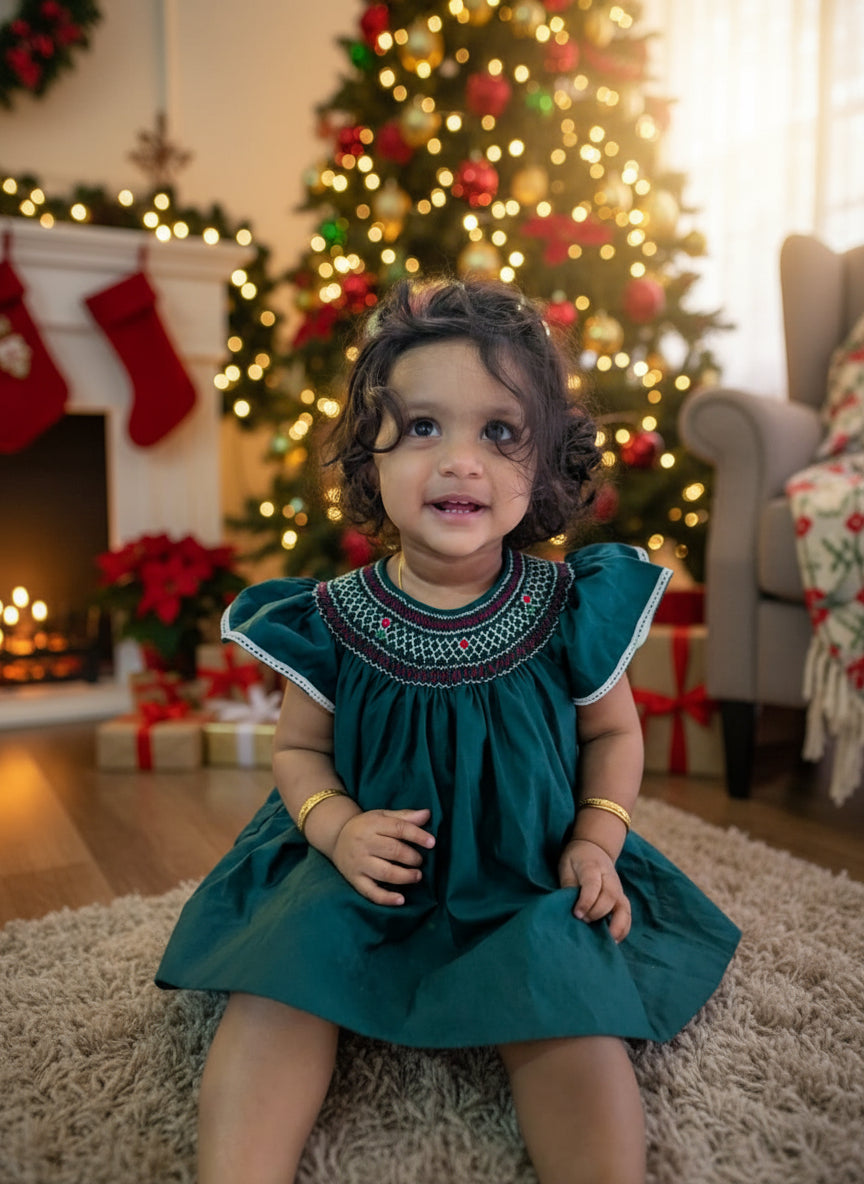 Child in a green dress sitting on a couch with a decorated Christmas tree in the background