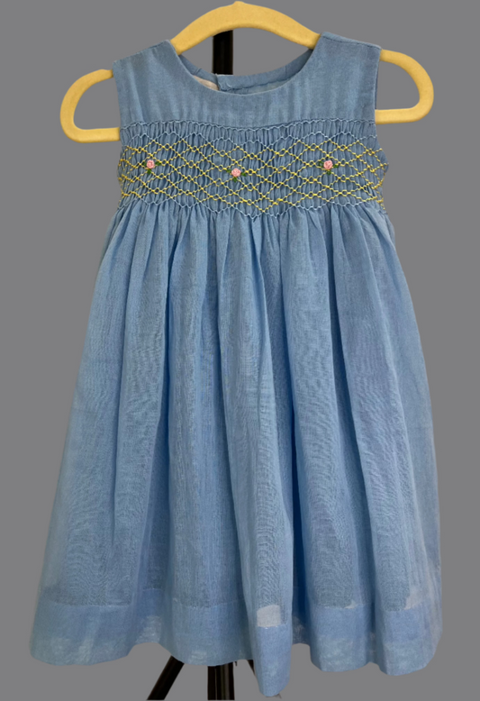 Front view of Hand Smocked_Dress_blue by annies.co.in for girls