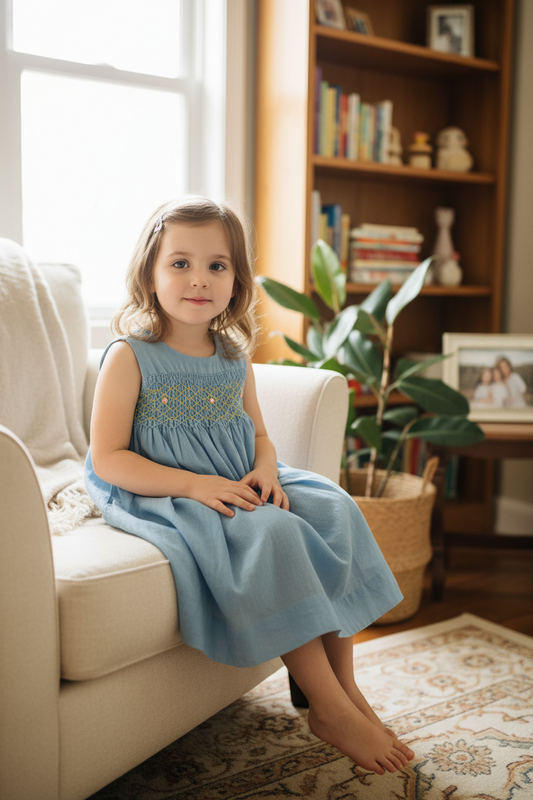 Young girl in a blue dress sitting on a beige couch in a cozy living room.