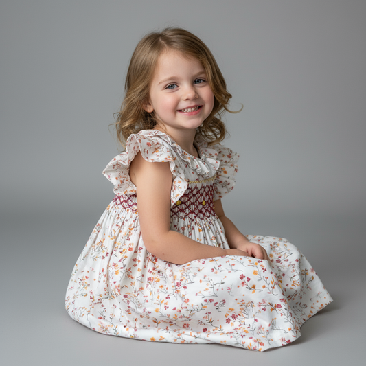 Young girl wearing a floral dress sitting on a gray background