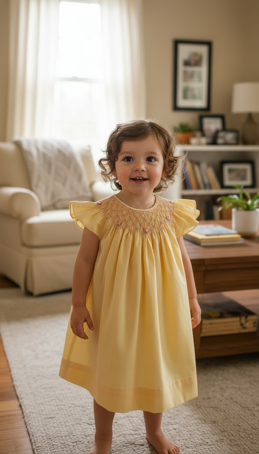 Handmade Yellow Smocked Bishop Dress for Babies