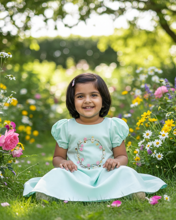 Mint green dress with floral design on a mannequin against a leafy background