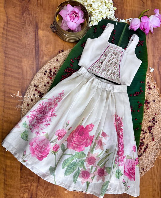 Floral Tissue Embroidered Skirt and Smocked Blouse