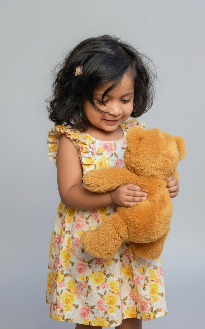 Child wearing a floral dress walking on a sidewalk.