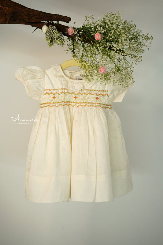 Handsmocked Offwhite Dress Color embroidery