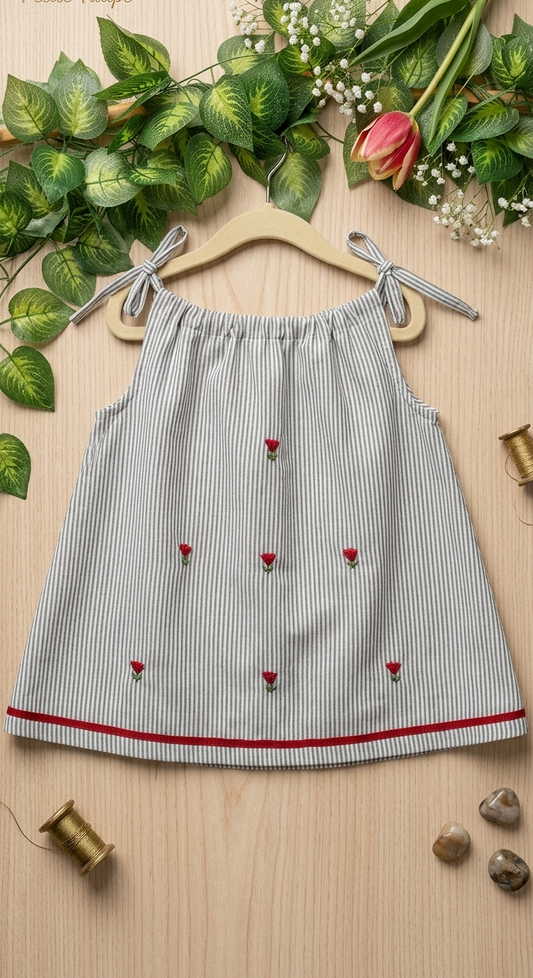 Striped dress with red floral embroidery on a wooden surface with green leaves and decorative items.