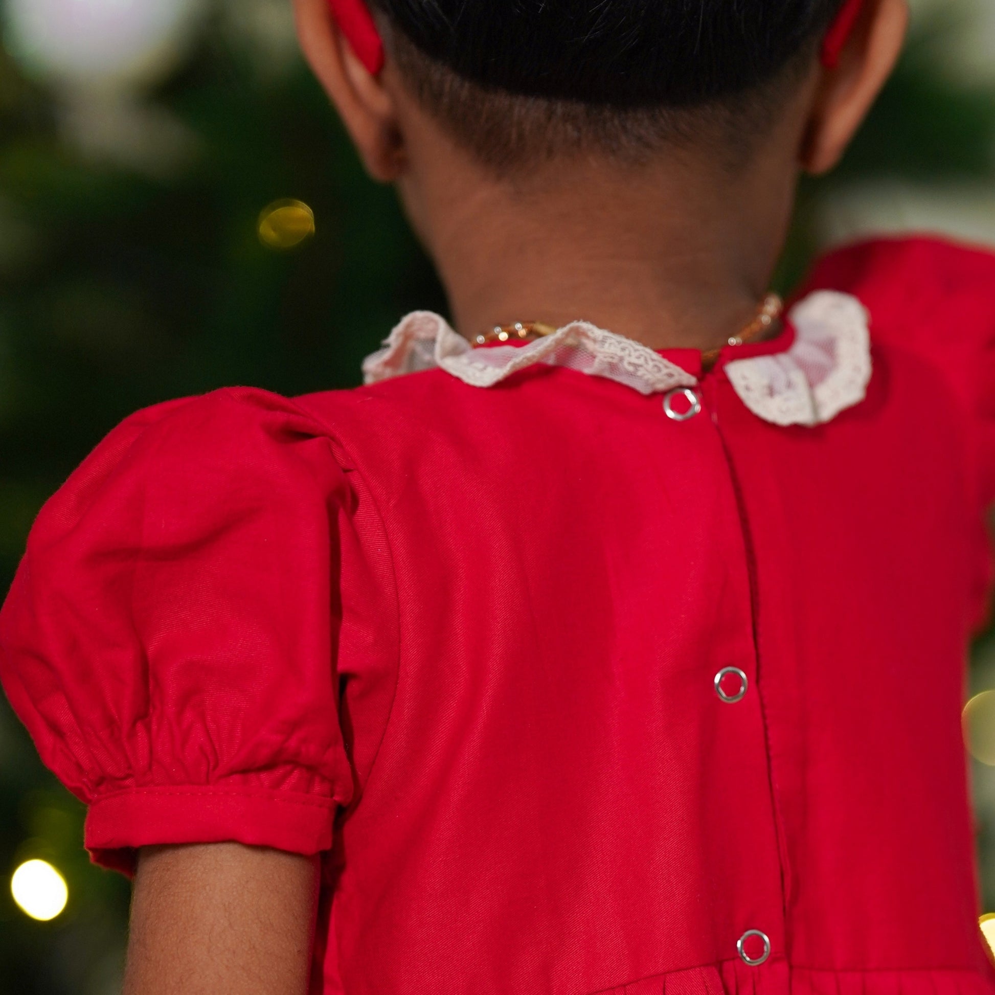 Back view of a child wearing a red dress with a blurred green background