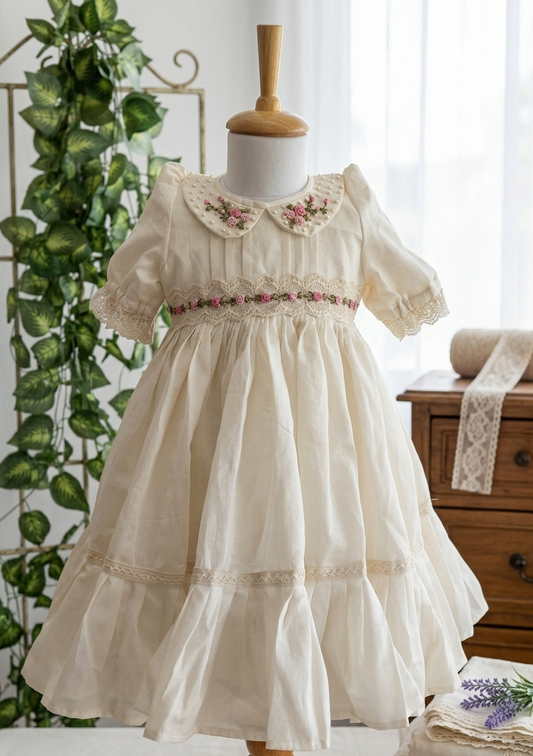 Vintage-style dress on a mannequin with embroidery, placed against a white curtain and green plant background.