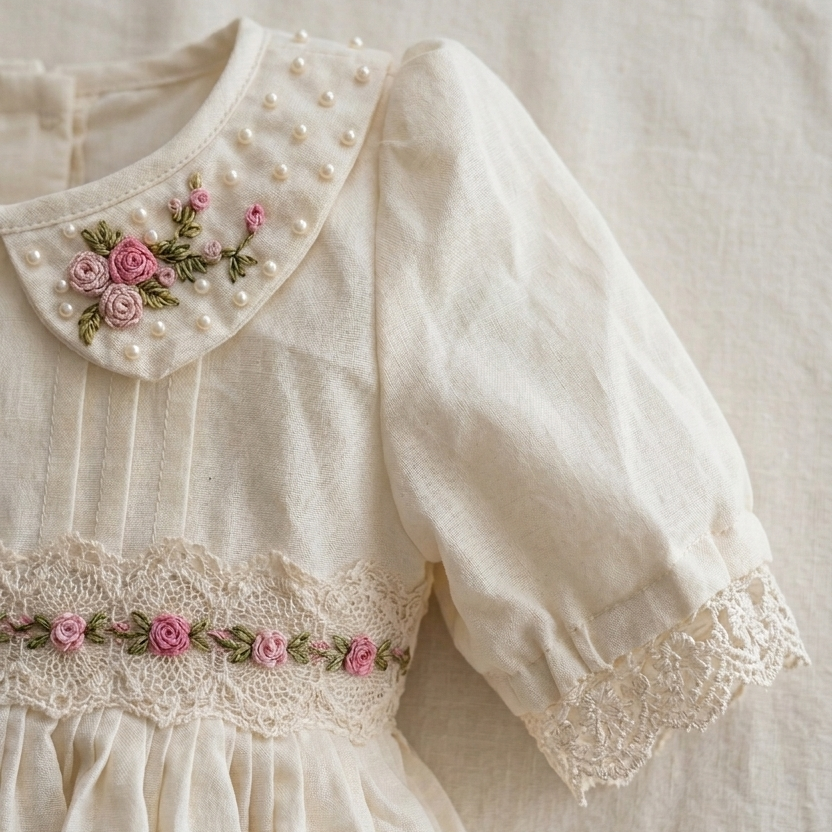 Vintage-style dress with floral embroidery on a neutral background
