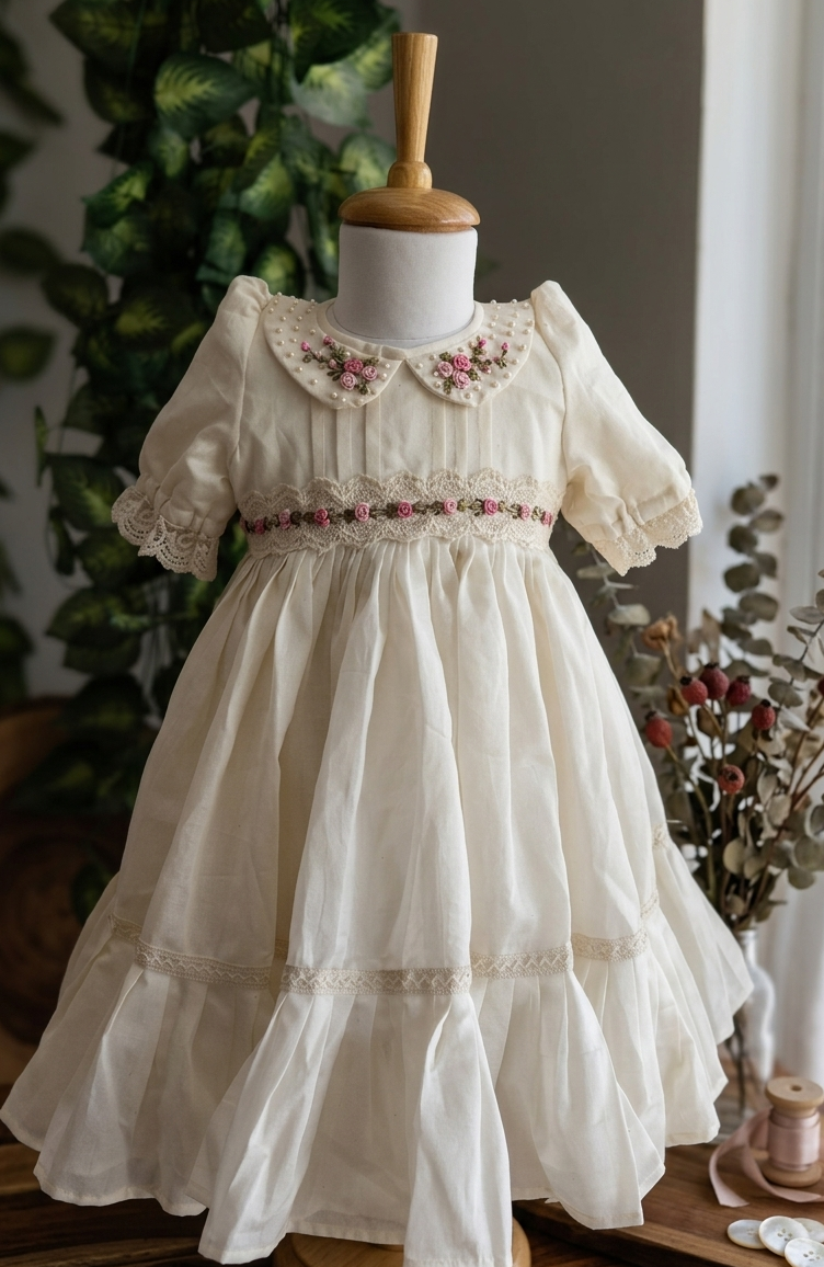 White lace dress on a mannequin with a decorative background