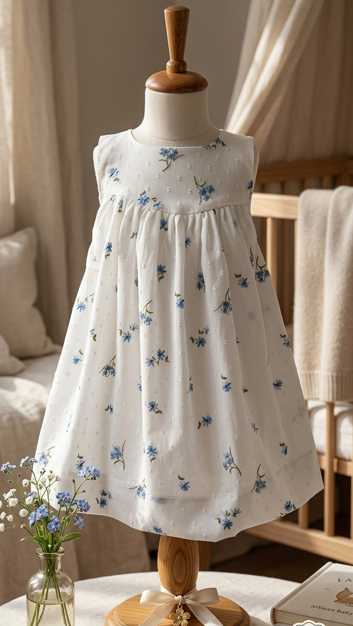 White dress with blue floral pattern on a mannequin against a neutral background