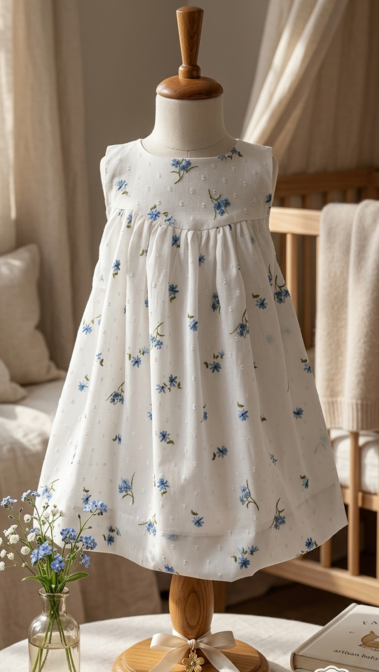 White dress with blue floral pattern on a mannequin against a neutral background