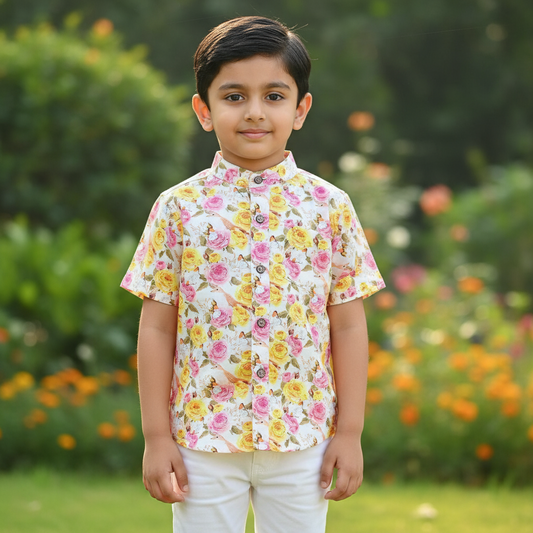Young boy wearing a floral shirt standing in a garden with flowers and greenery.