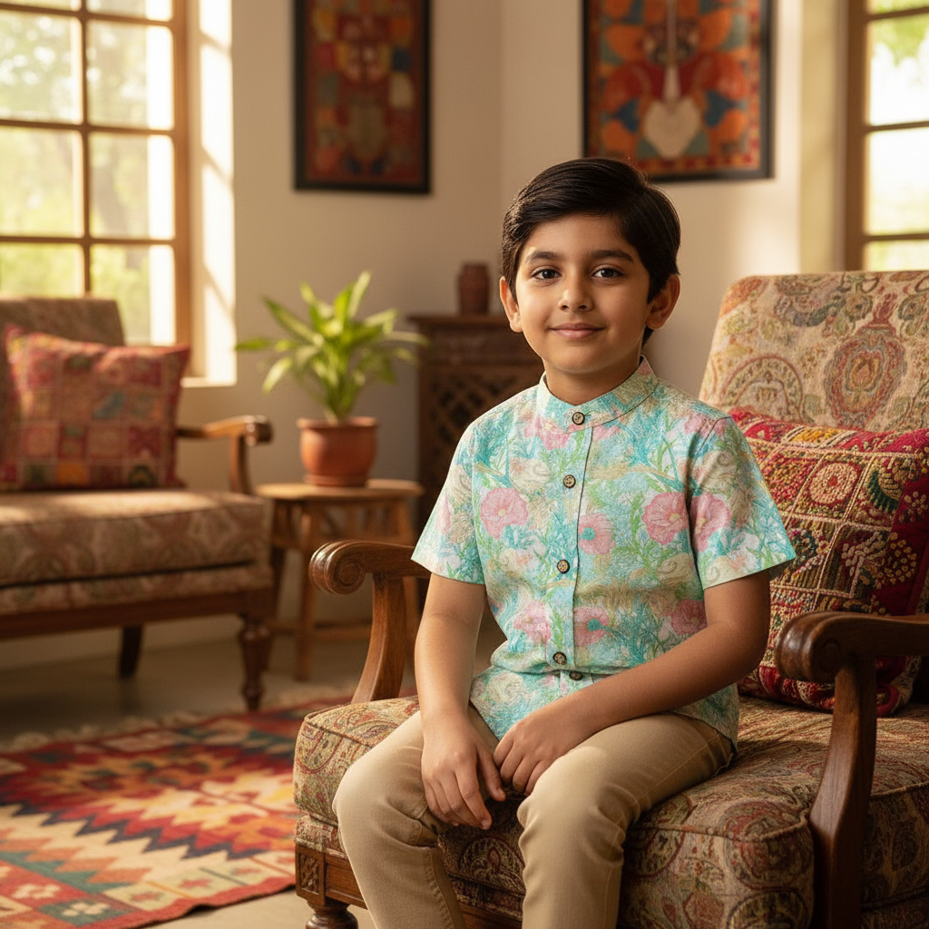Child sitting on a patterned chair in a home setting with colorful decor