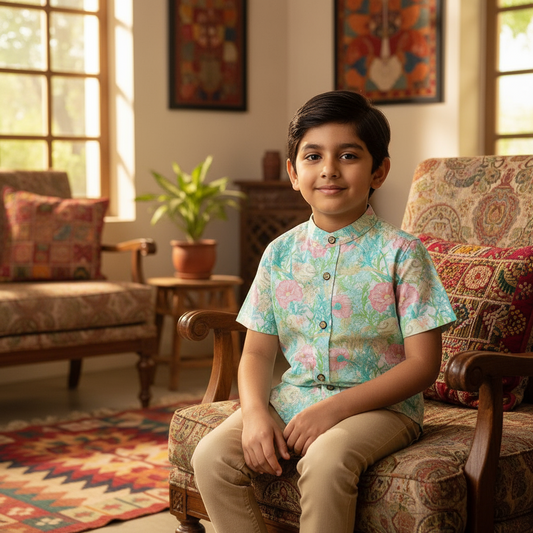 Child sitting on a patterned chair in a home setting with colorful decor