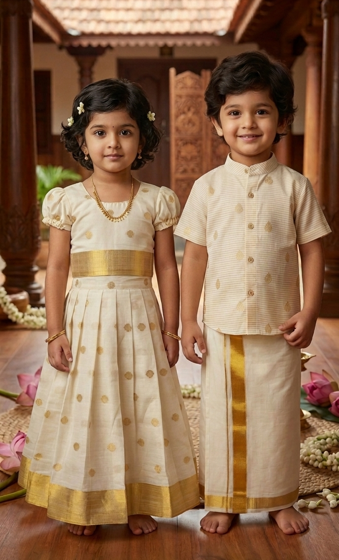 Traditional polka kasavu skirt