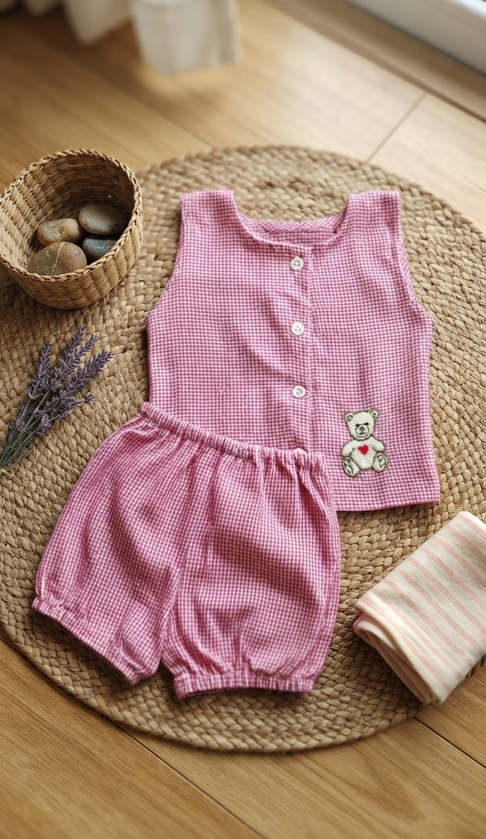 Baby coord set teddy bear in red check