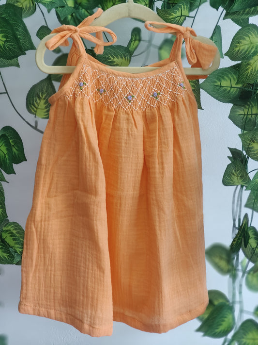 Peach Smocked Tie up dress
