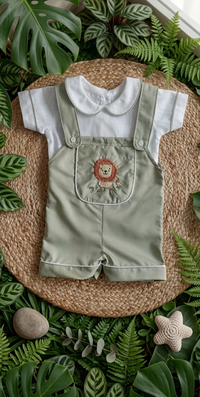 Simba lion embroidery olive green colour dungrees and prter pan collar top