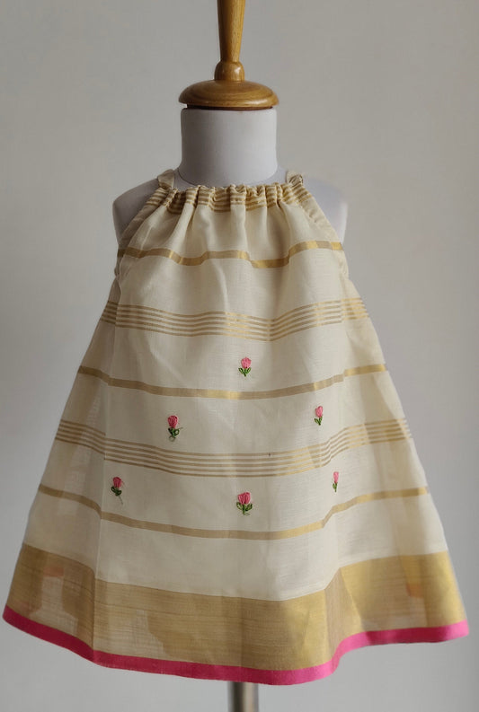 Thulika Bloom Kasavu full stripes sleevless dress with embroidery